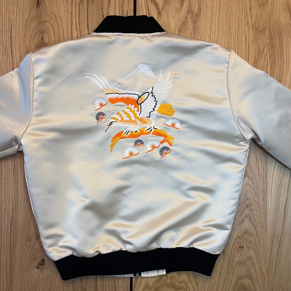 Urban Outfitters Satin Bomber Jacket Cream Embroidered Eagle Sukajan Medium